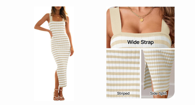 MEROKEETY Women's 2024 Summer Striped Knit Bodycon Midi Dress Square Neck Side Slit Tank Ribbed Sweater Dresses