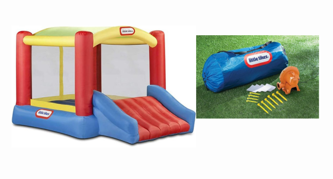 Little Tikes Jump n Slide Bouncer with Arched Canopy Overhead Cover, Plus Heavy Duty Blower, Stakes, Repair Patches, and Storage Bag 3-Kid Capacity, Ages 3 to 8 Years