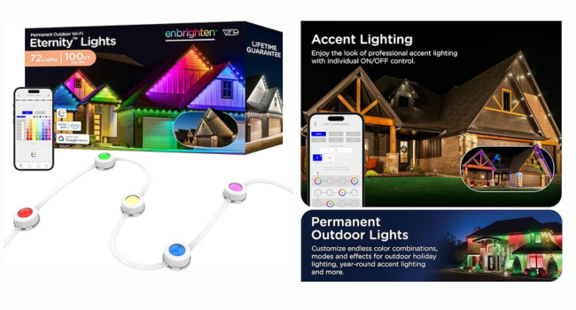 Enbrighten Eternity Permanent Outdoor Lights, 100ft with 72 RGBWIC LEDs, Smart Eave Lights, Endless Light Colors, Daily and Accent Lighting, IP67 Waterproof, Compatible with Alexa, Google Home, 81103